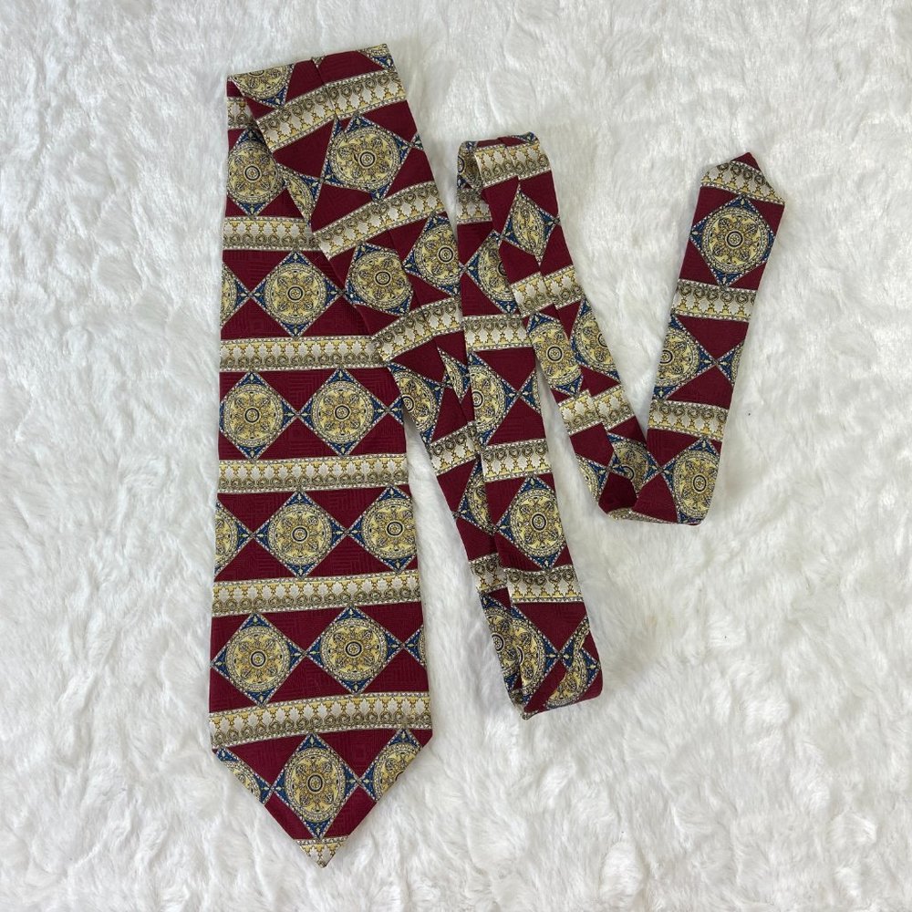 Vintage Albert Nipon Silk Mens Tie Regal Pattern Deep Red Gold Blue Art Deco
